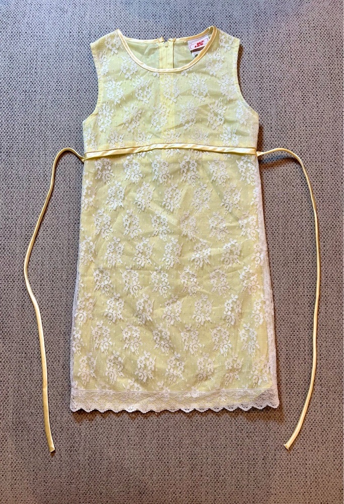 Me Too Dress Girls 8 Yellow Lace Sleeveless Waist Tie Scalloped Zipper Summer